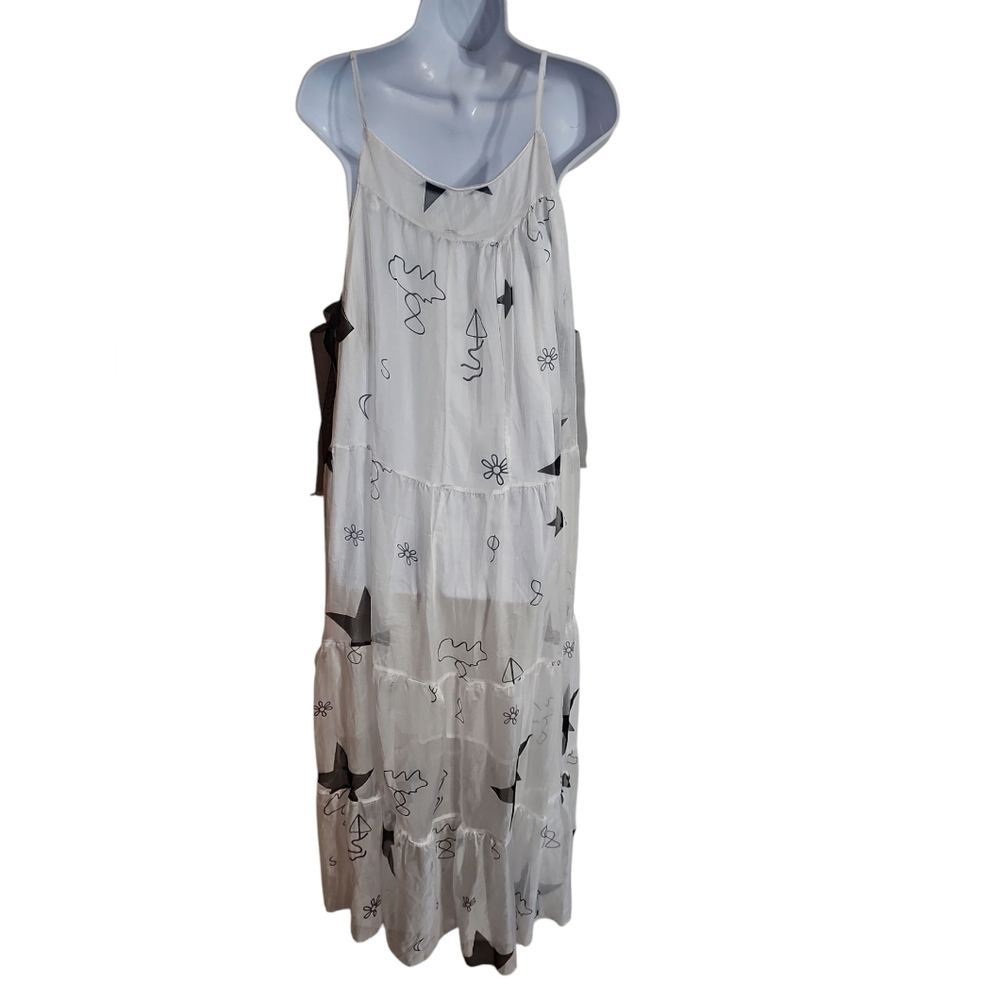 FashionMia M White Black Artsy Tiered Maxi Dress Organza Boho Festival Style Y2K - Picture 3 of 8